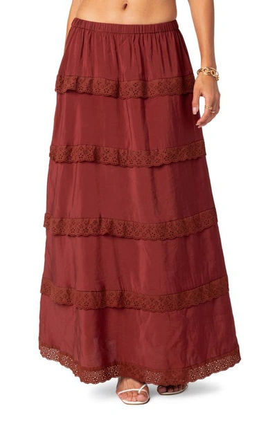 Edikted Eyelet Trim Tiered Cotton Blend Maxi Skirt In Hamra