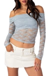 Edikted Elysia Foldover Lace Off The Shoulder Crop Top In Light-blue