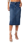 Edikted Mirah Raw Hem Denim Midi Skirt In Dark-blue-washed