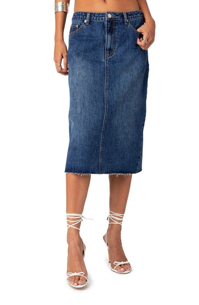 Edikted Mirah Raw Hem Denim Midi Skirt In Dark-blue-washed