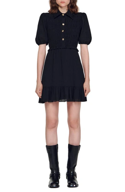 Sandro Smocked Puff Sleeve Minidress In Black