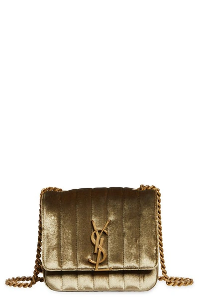 Saint Laurent Vicky Small Quilted Velour Chain Shoulder Bag In Pale Olive