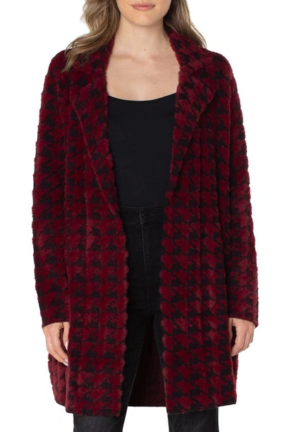 Liverpool Los Angeles Houndstooth Textured Open Front Cardigan In Burgundy/black