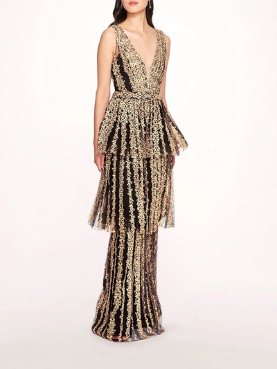 Marchesa Metallic Filigree Gown In Black Gold