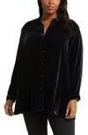 EILEEN FISHER BAND COLLAR VELVET LONGLINE BUTTON-UP SHIRT