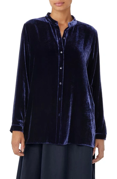 Eileen Fisher Band-collar Button-down Velvet Shirt In Venus