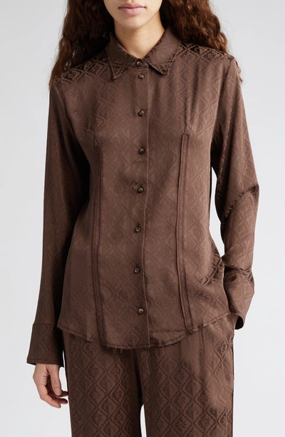 Marine Serre Moon Diamant Jacquard Satin Button-up Shirt In Brown