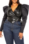 BUXOM COUTURE EXAGGERATED SHOULDER FAUX LEATHER WRAP TOP