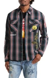 BILLIONAIRE BOYS CLUB MANTRA PLAID EMBROIDERED BUTTON-UP OVERSHIRT