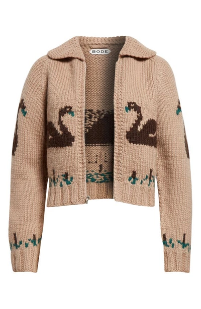 Bode Rumney Intarsia Swan Wool Cardigan In Rose