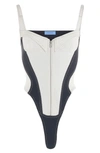 Mugler Bonded Cotton Denim Corset Bodysuit In Ivory / Black