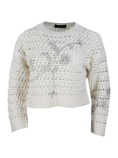 Fabiana Filippi Long-sleeved Round-neck Sweater In Platinum Wool, Silk And Cashmere Yarn With Embroidery And Chain O In Cream