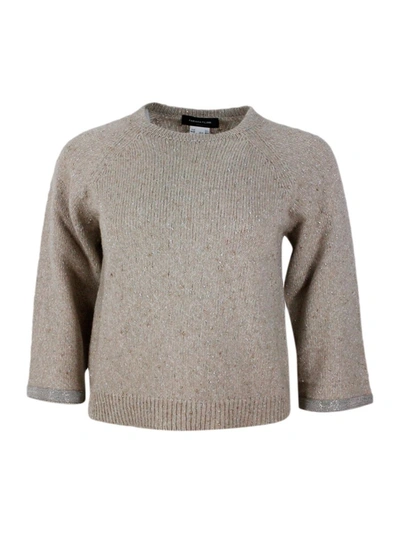 Fabiana Filippi Crewneck Sweater In Donegal Lamè Yarn With 3/4 Sleeves Embellished With Brilliant Jewel Details On T In Beige