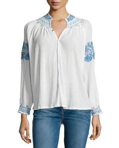 The Great The Traveler Embroidered Top, Cream/blue