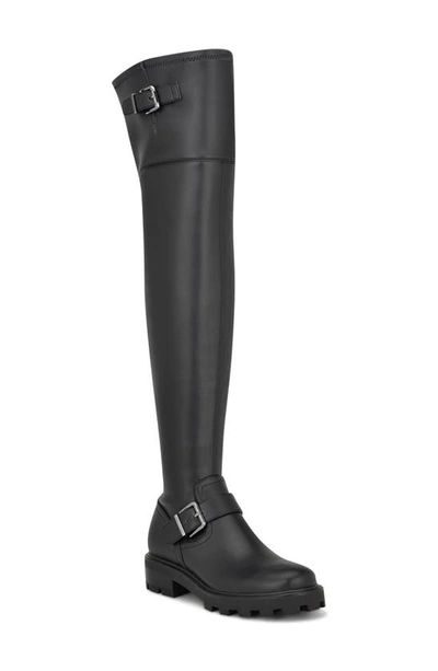 Nine West Women's Nans Lug Sole Casual Over The Knee Boots In Black Stretch