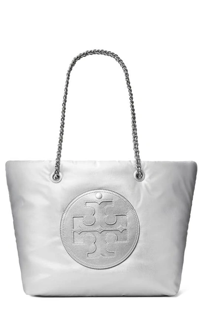 Tory Burch Ella Metallic Puffy Chain Tote Bag In Silver