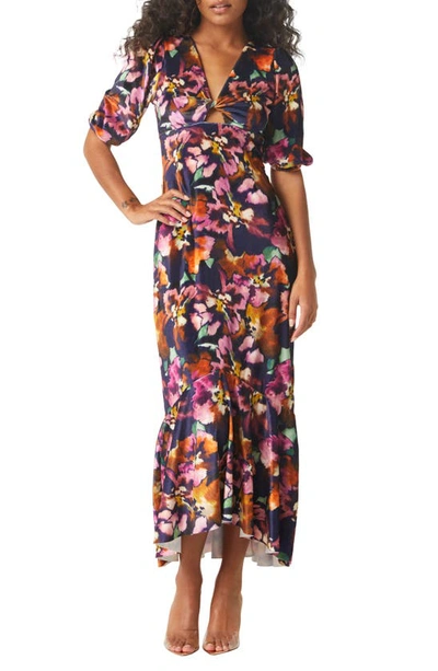 Misa Wallis Twisted Floral Fluted Midi Dress In Blue