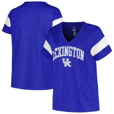 Profile Women's  Royal Distressed Kentucky Wildcats Plus Size Arched City Sleeve Stripe V-neck T-shir
