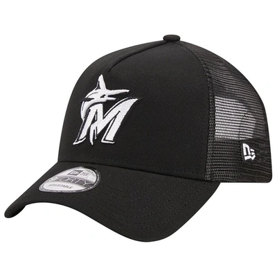New Era Men's  Black Miami Marlins A-frame 9forty Trucker Adjustable Hat