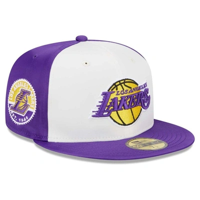 New Era Men's  White Los Angeles Lakers Throwback Satin 59fifty Fitted Hat