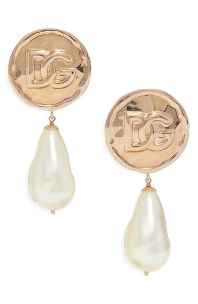 Dolce & Gabbana Coin Logo Dg Faux Pearl Clip-on Earrings In Gold