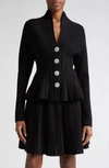 BALMAIN CRYSTAL BUTTON PEPLUM RIB CARDIGAN