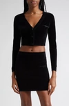 ALEXANDER WANG EMBROIDERED LOGO CROP CHENILLE V-NECK CARDIGAN