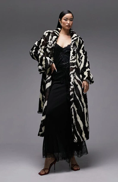 Topshop Faux Fur Long-line Belted Coat In Zebra Print-multi