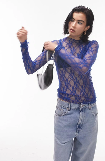Topshop Lace Long Sleeve Top In Colbalt-blue