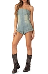 Edikted Winnie Strapless Washed Denim Romper In Blue-washed