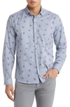 Stone Rose Dry Touch® Stripe Plane Print Performance Sateen Button-up Shirt In Navy