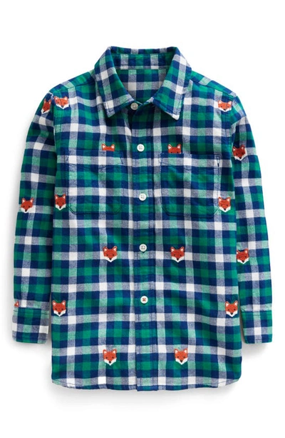 Mini Boden Kids' Embroidered Flannel Shirt Gingham Fox Boys Boden