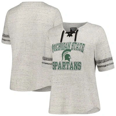 PROFILE PROFILE HEATHER GRAY MICHIGAN STATE SPARTANS PLUS SIZE STRIPED LACE-UP V-NECK T-SHIRT