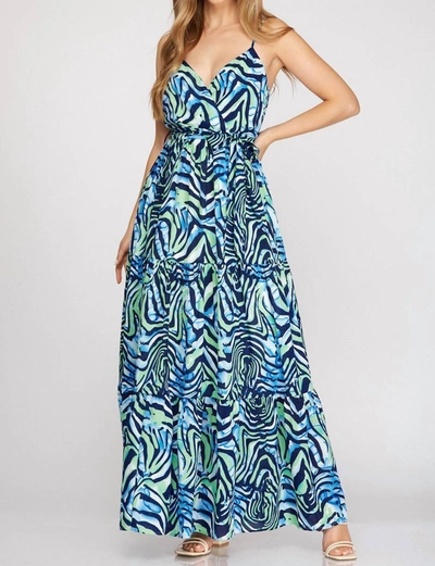 She + Sky Surplice Cami Printed Woven Tiered Maxi Dress In Navy In Blue