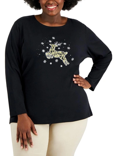 Karen Scott Plus Whimsy Womens Glitter Graphic Blouse In Black