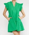 ENTRO RUFFLE SLEEVE V-NECK TIERED MINI DRESS FEATURING POCKETS IN GREEN