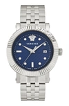 Versace Classic Date Quartz Watch With Blue Guilloche Dial In Silver