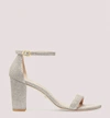 STUART WEITZMAN NEARLYNUDE STRAP HEEL METALLIC FABRIC SANDAL IN POUDRE BLUSH PINK