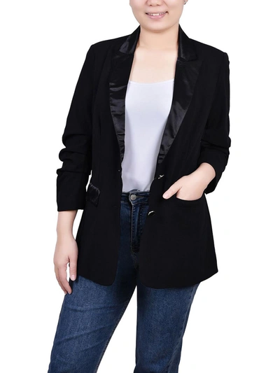NY COLLECTION PETITES WOMENS SATIN LAPEL RUCHED TWO-BUTTON BLAZER