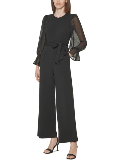 Calvin Klein Womens Crewneck Sheer Sleeves Jumpsuit In Black