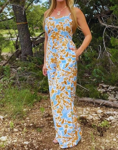 Kori Printed Back Tied Jumpsuit In Mustard And Blue Floral In Multi