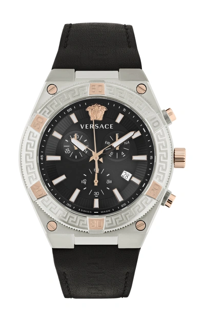 Versace Men's Swiss Chronograph V-sporty Greca Black Leather Strap Watch 46mm In Silver