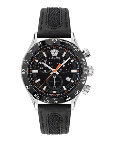 Versace Hellenyium Chrono Leather Watch In Black