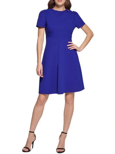 Dkny Petites Womens Button Shoulder Short Sleeves Fit & Flare Dress In Blue