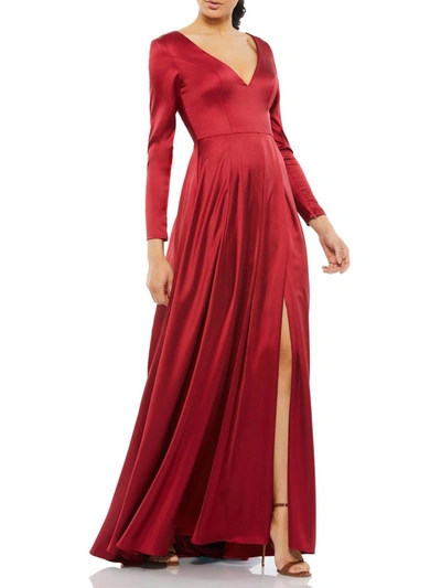 Mac Duggal Long Sleeve Satin A-line Gown In Wine