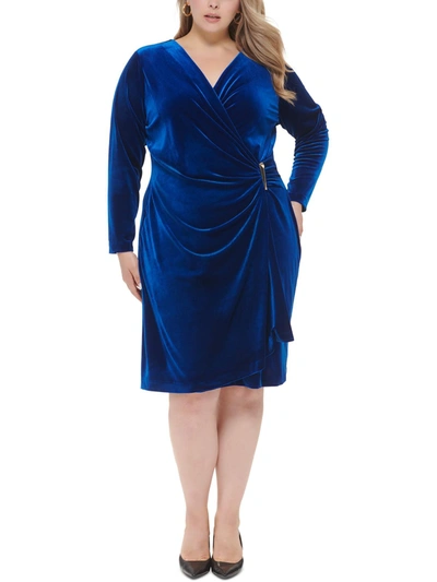 Calvin Klein Petites Womens Velvet Midi Wrap Dress In Blue
