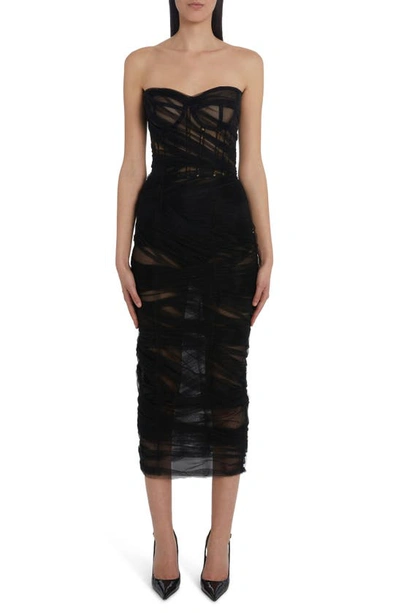 Dolce & Gabbana Draped Tulle Strapless Midi Corset Dress In Black