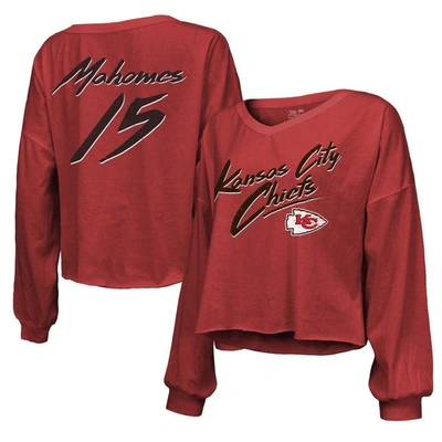 Majestic Threads Patrick Mahomes Red Kansas City Chiefs Name & Number Off-shoulder Script Cropped Lo