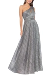 BETSY & ADAM METALLIC ONE-SHOULDER CRINKLE GOWN