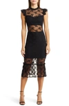 Bebe Illusion Lace Midi Dress In Jet Black